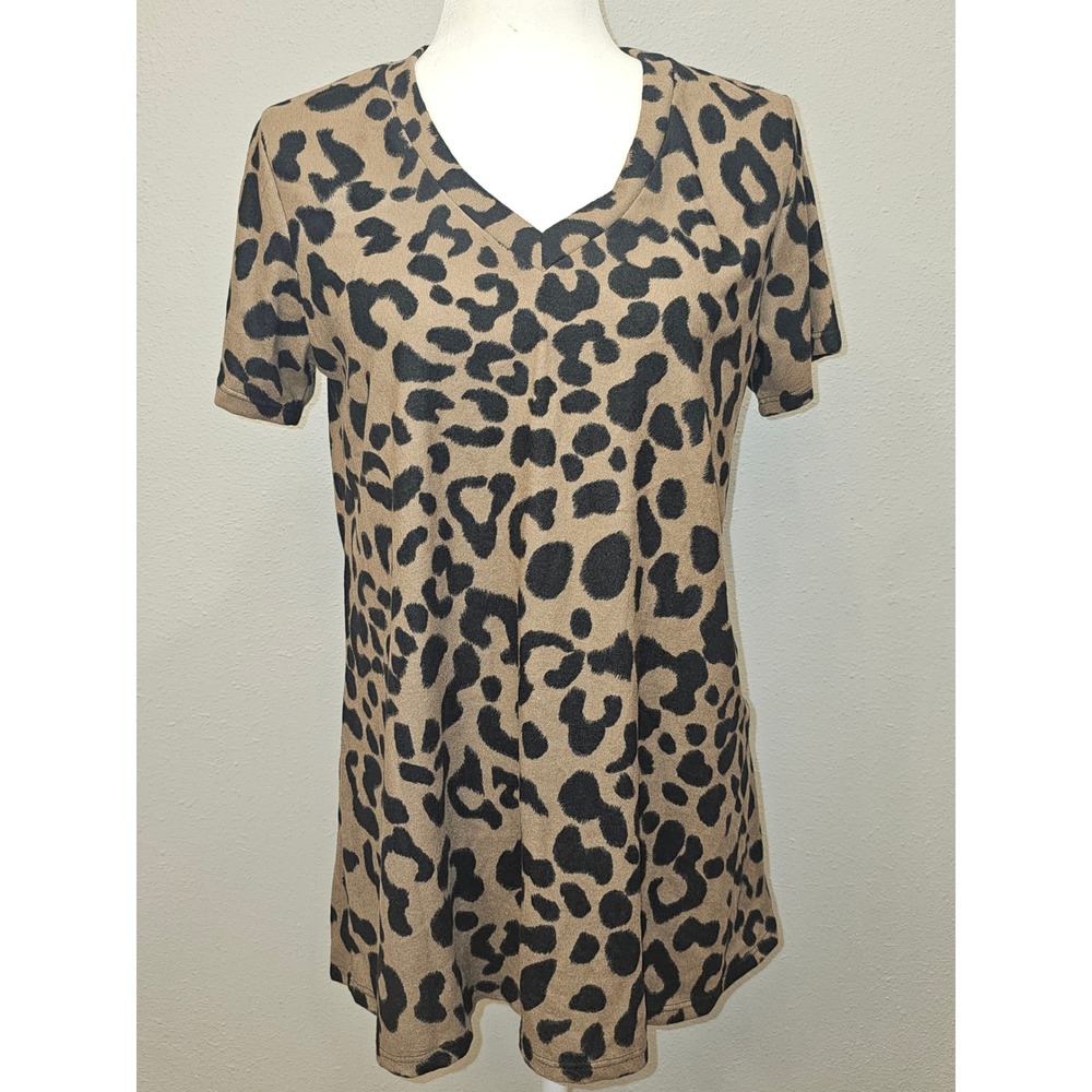 Heimish USA Womens Leopard Print V-Neck Short Sleeve Top Brown Black Medium
